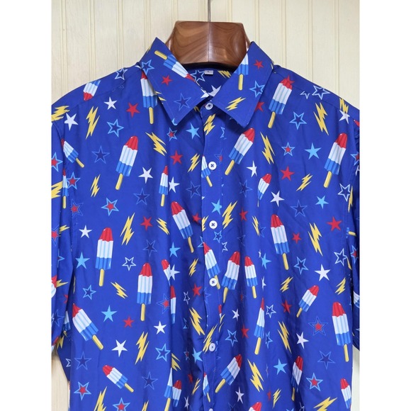 Enow Other - Enow Shirt Mens Large Patriotic Rocket Pop Print Short Sleeve Button Up 4th July